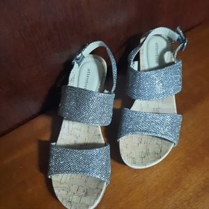 Sandals That Shine & Sparkle by Attention, Size 6, Metallic Fabric, Cork Wedges